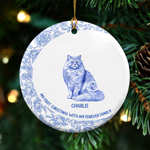 My First Christmas - Blue Chinoiserie Toile De Jouy - Personalized Circle Ceramic Ornament