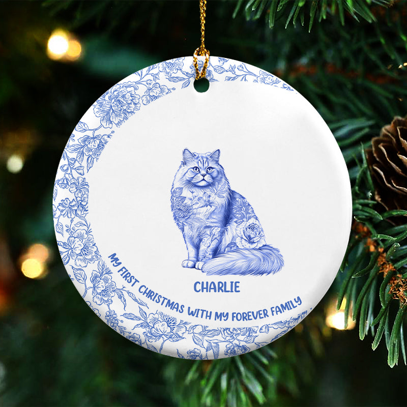 My First Christmas - Blue Chinoiserie Toile De Jouy - Personalized Circle Ceramic Ornament