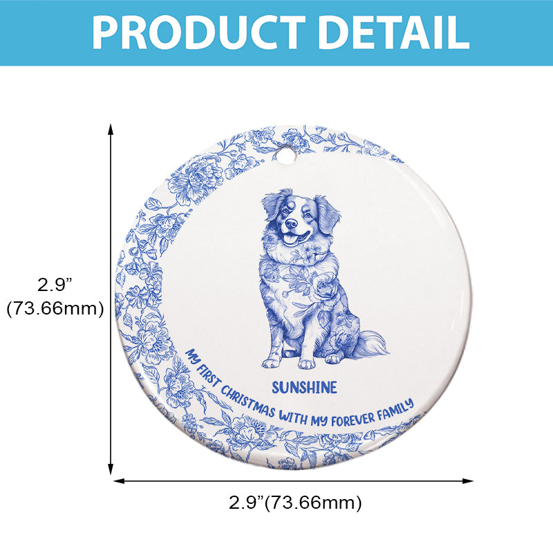 My First Christmas - Blue Chinoiserie Toile De Jouy - Personalized Circle Ceramic Ornament