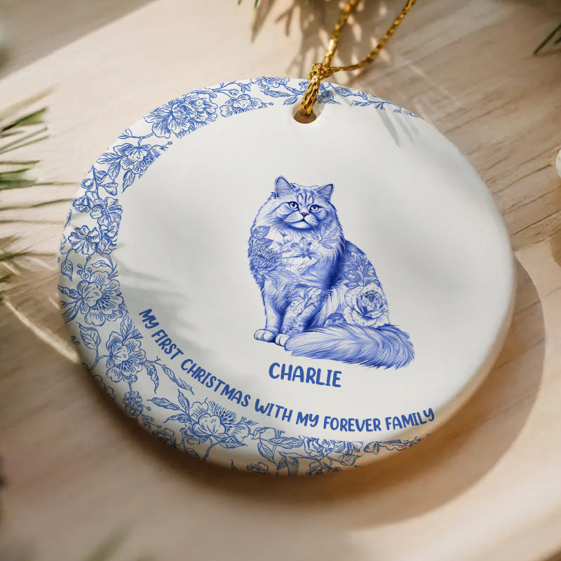 My First Christmas - Blue Chinoiserie Toile De Jouy - Personalized Circle Ceramic Ornament