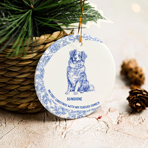 My First Christmas - Blue Chinoiserie Toile De Jouy - Personalized Circle Ceramic Ornament