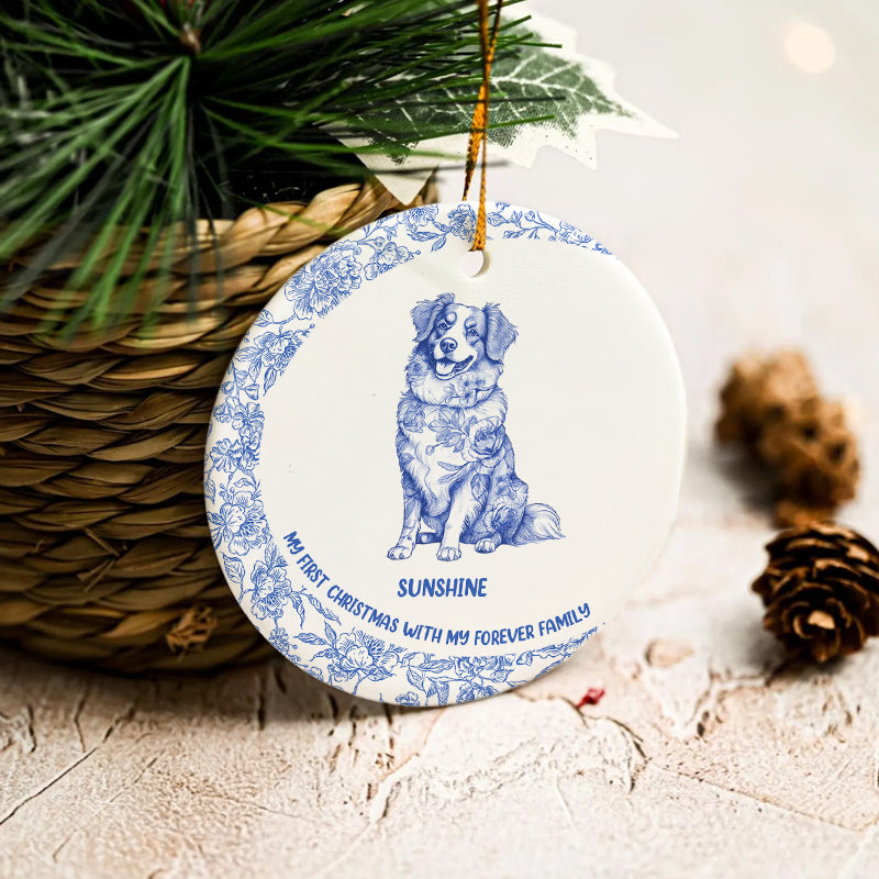 My First Christmas - Blue Chinoiserie Toile De Jouy - Personalized Circle Ceramic Ornament