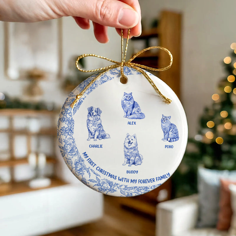 My First Christmas - Blue Chinoiserie Toile De Jouy - Personalized Circle Ceramic Ornament