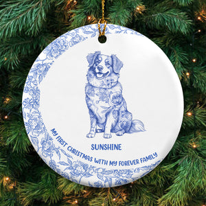 My First Christmas - Blue Chinoiserie Toile De Jouy - Personalized Circle Ceramic Ornament