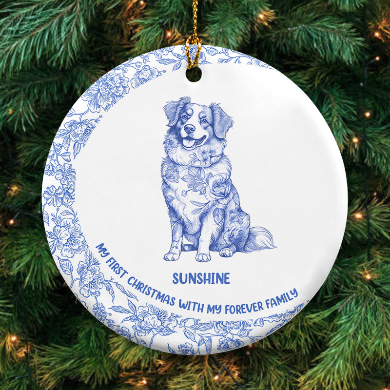 My First Christmas - Blue Chinoiserie Toile De Jouy - Personalized Circle Ceramic Ornament