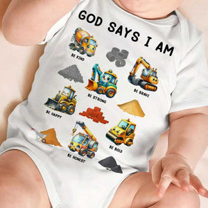 God Says I Am - Cute Construction Trucks Christian - Personalized Baby Onesie