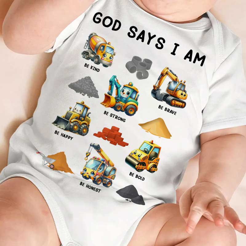 God Says I Am - Cute Construction Trucks Christian - Personalized Baby Onesie