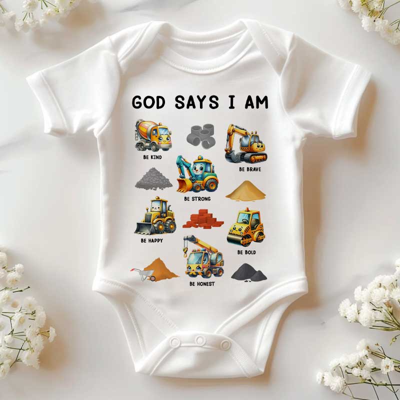 God Says I Am - Cute Construction Trucks Christian - Personalized Baby Onesie