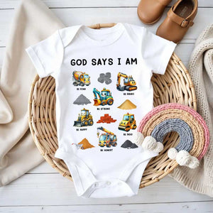 God Says I Am - Cute Construction Trucks Christian - Personalized Baby Onesie