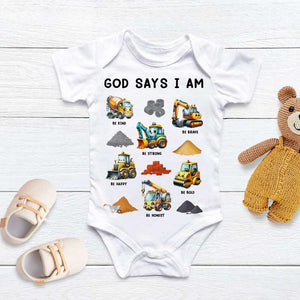 God Says I Am - Cute Construction Trucks Christian - Personalized Baby Onesie
