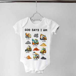 God Says I Am - Cute Construction Trucks Christian - Personalized Baby Onesie