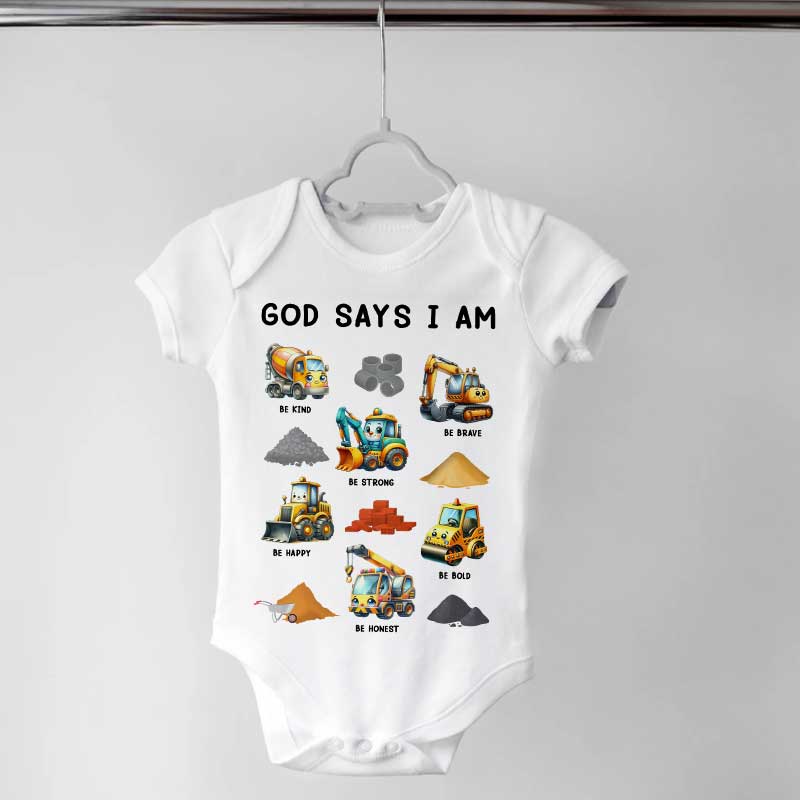 God Says I Am - Cute Construction Trucks Christian - Personalized Baby Onesie