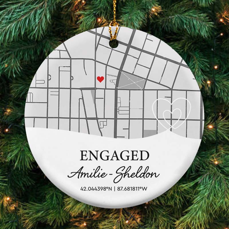 Engagement Custom Location Map - Personalized Circle Ceramic Ornament