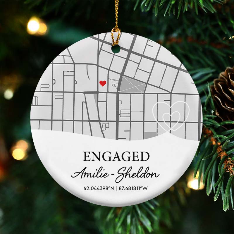 Engagement Custom Location Map - Personalized Circle Ceramic Ornament