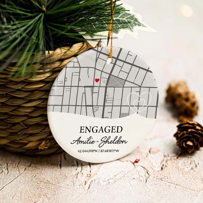 Engagement Custom Location Map - Personalized Circle Ceramic Ornament