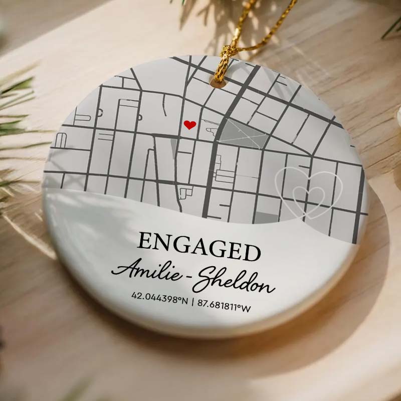 Engagement Custom Location Map - Personalized Circle Ceramic Ornament
