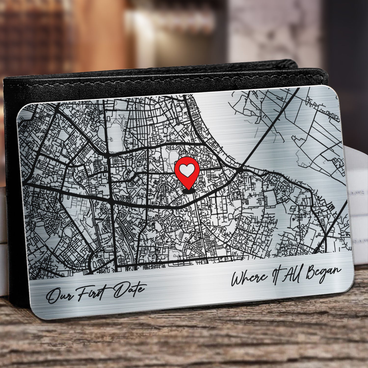 Custom Location Where It All Began - First Date, Proposal, Wedding Map Gift, Gift For Couples - Personalized Aluminum Wallet Card