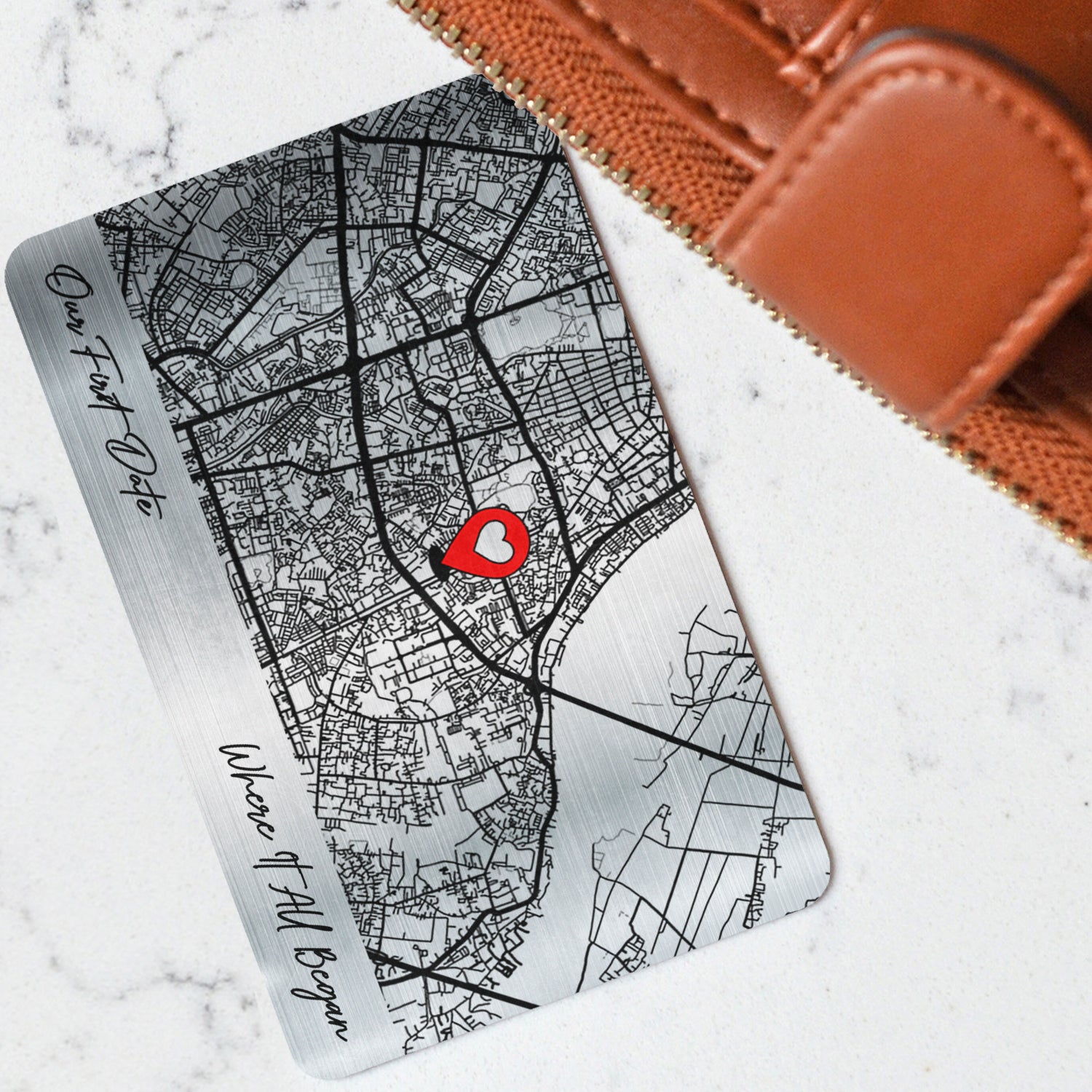 Custom Location Where It All Began - First Date, Proposal, Wedding Map Gift, Gift For Couples - Personalized Aluminum Wallet Card