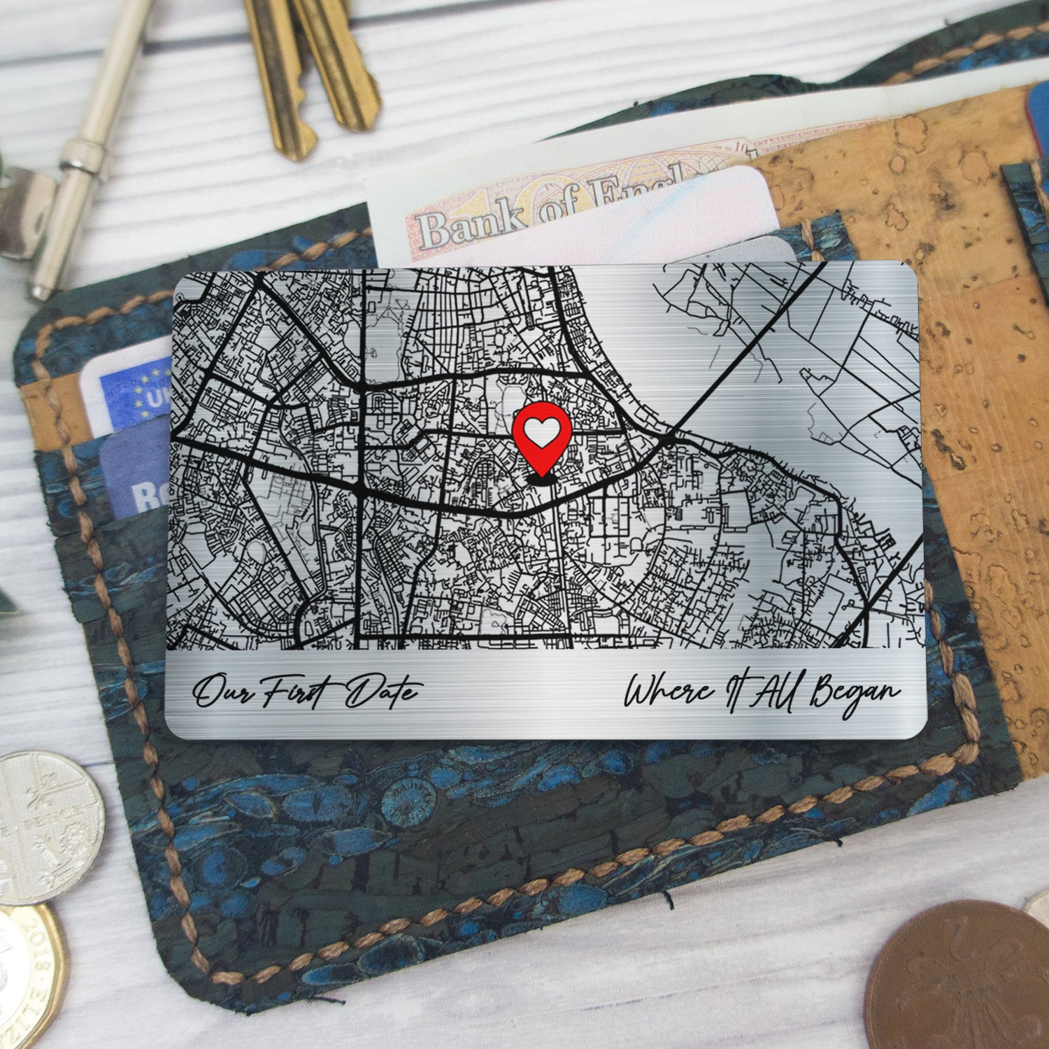Custom Location Where It All Began - First Date, Proposal, Wedding Map Gift, Gift For Couples - Personalized Aluminum Wallet Card