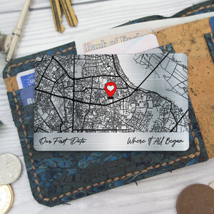 Custom Location Where It All Began - First Date, Proposal, Wedding Map Gift, Gift For Couples - Personalized Aluminum Wallet Card