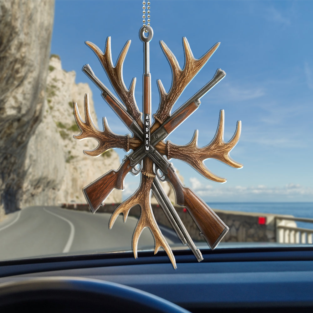 Hunting Deer Antlers & Guns - Gift For Hunters, Outdoorsmen, Dads, Grandpas, Boyfriends - Personalized Acrylic Car Hanger