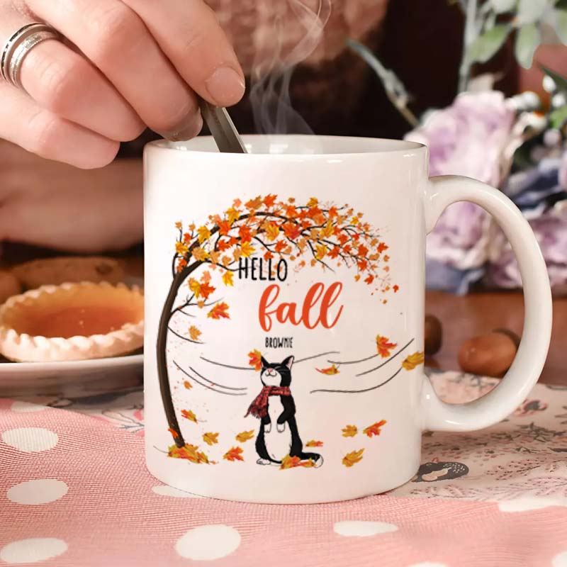 Hello Fall With Cute Cat - Gift For Cat Lovers, Pet Lovers - Personalized Mug
