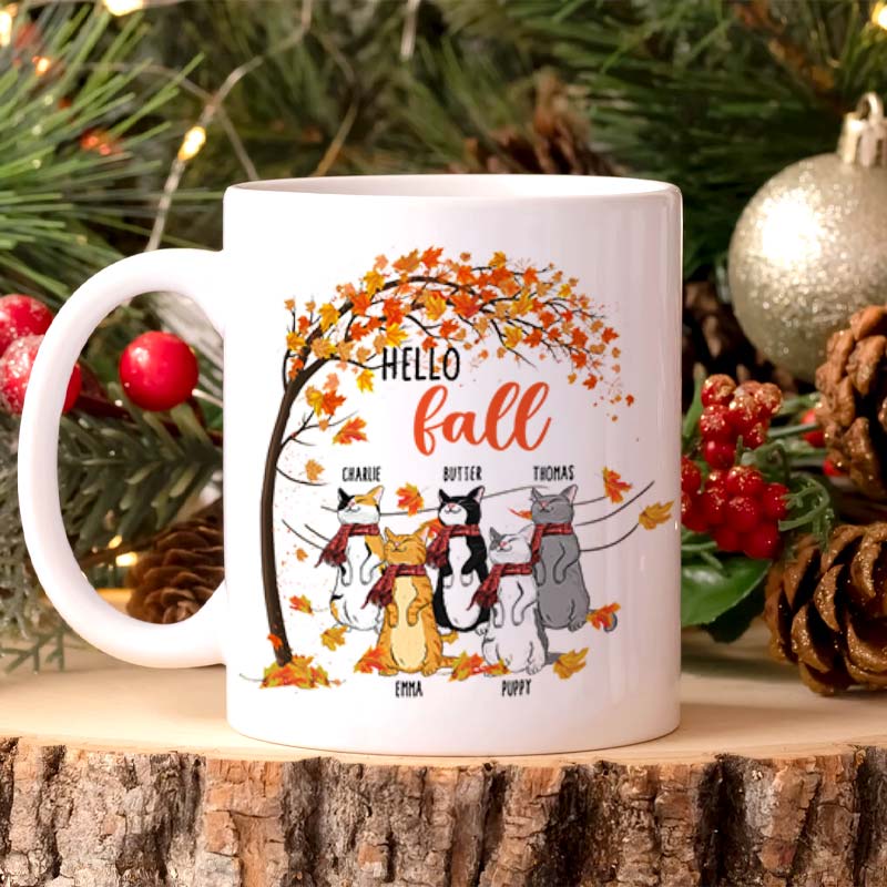 Hello Fall With Cute Cat - Gift For Cat Lovers, Pet Lovers - Personalized Mug