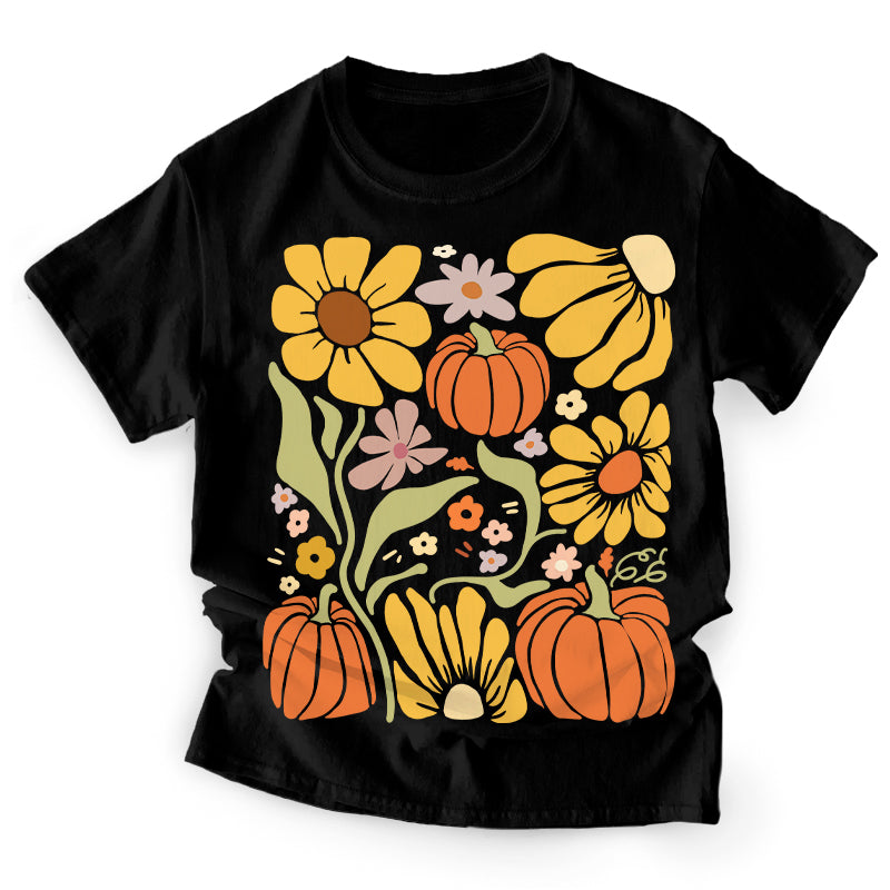 Retro Fall Pumpkin & Daisy Floral - Personalized T-Shirt