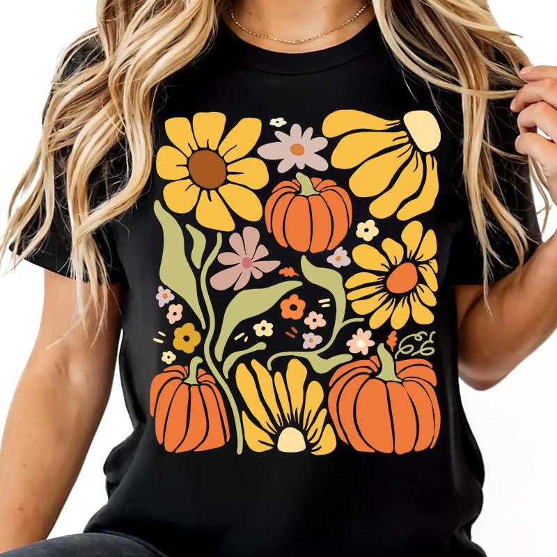 Retro Fall Pumpkin & Daisy Floral - Personalized T-Shirt