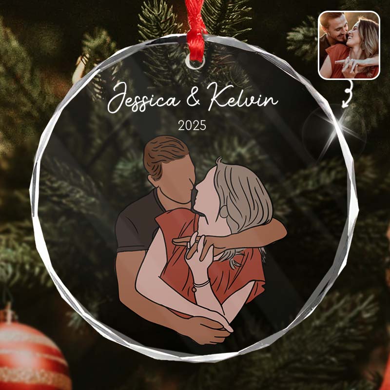 Custom Family Portrait Hand-Drawn Photo Illustration - Gift For Family, Couples, Parents, Grandparents, Kids - Personalized Circle Glass Ornament