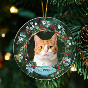 Pet Portrait Floral Wreath - Christmas Decoration, Memorial Gift For Pet Lovers - Personalized Acrylic Ornament