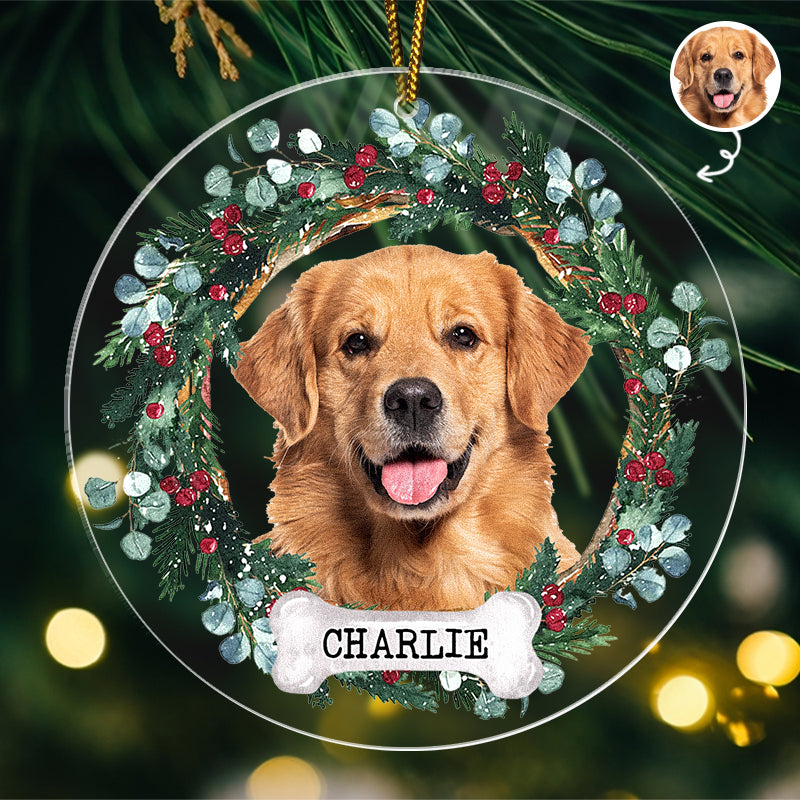 Pet Portrait Floral Wreath - Christmas Decoration, Memorial Gift For Pet Lovers - Personalized Acrylic Ornament