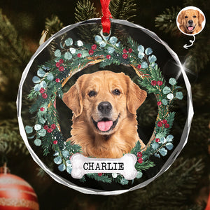 Pet Portrait Floral Wreath - Christmas Decoration, Memorial Gift For Pet Lovers - Personalized Circle Glass Ornament