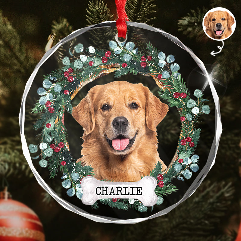 Pet Portrait Floral Wreath - Christmas Decoration, Memorial Gift For Pet Lovers - Personalized Circle Glass Ornament