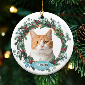 Pet Portrait Floral Wreath - Christmas Decoration, Memorial Gift For Pet Lovers - Personalized Circle Ceramic Ornament