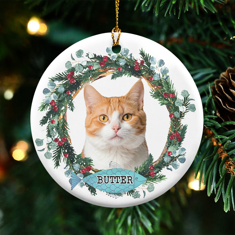 Pet Portrait Floral Wreath - Christmas Decoration, Memorial Gift For Pet Lovers - Personalized Circle Ceramic Ornament