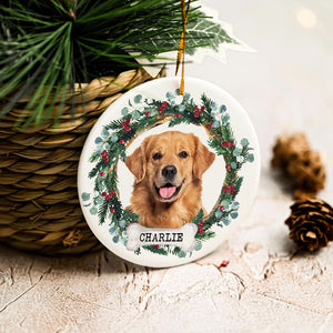 Pet Portrait Floral Wreath - Christmas Decoration, Memorial Gift For Pet Lovers - Personalized Circle Ceramic Ornament