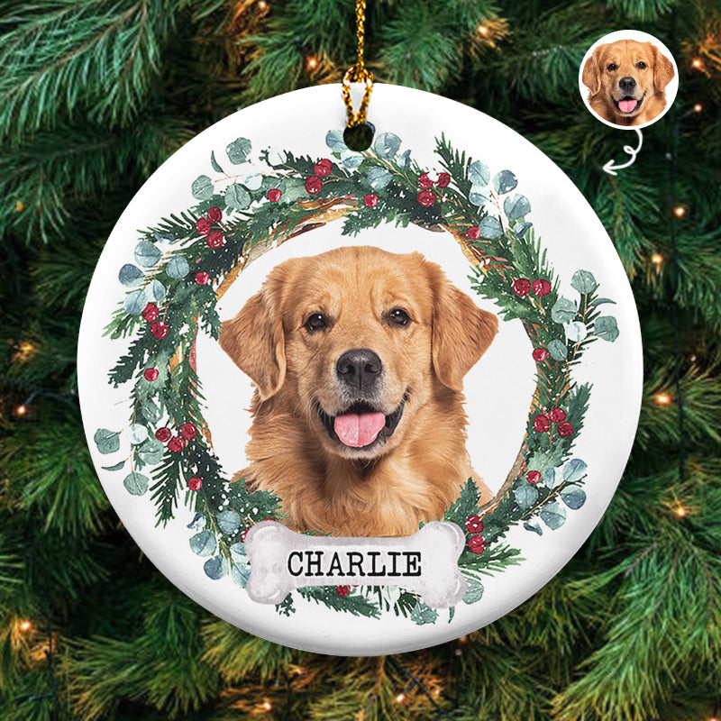 Pet Portrait Floral Wreath - Christmas Decoration, Memorial Gift For Pet Lovers - Personalized Circle Ceramic Ornament