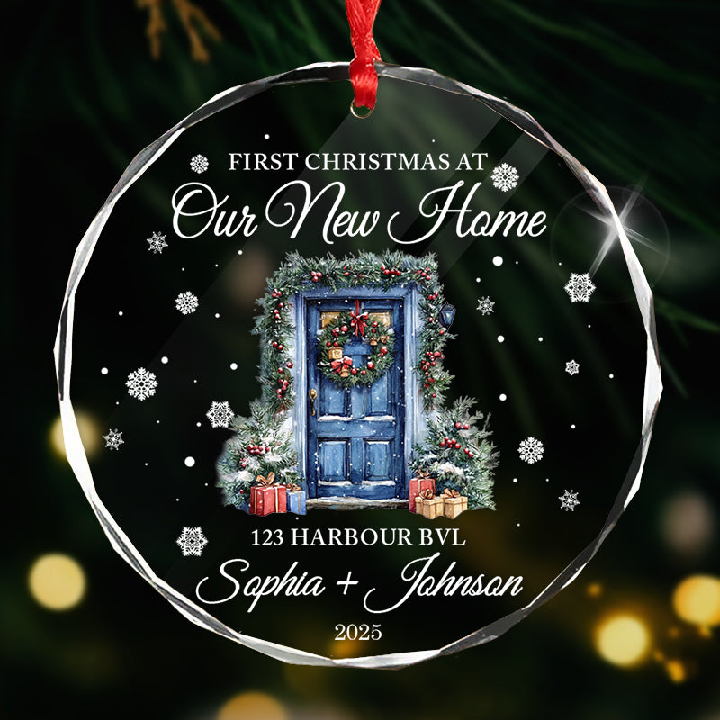 First Christmas At Our New Home - Gift For New Homeowners, Couples, Newlyweds, Families - Personalized Circle Glass Ornament