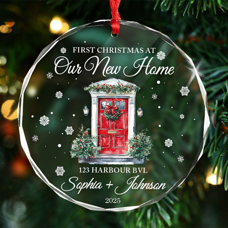 First Christmas At Our New Home - Gift For New Homeowners, Couples, Newlyweds, Families - Personalized Circle Glass Ornament