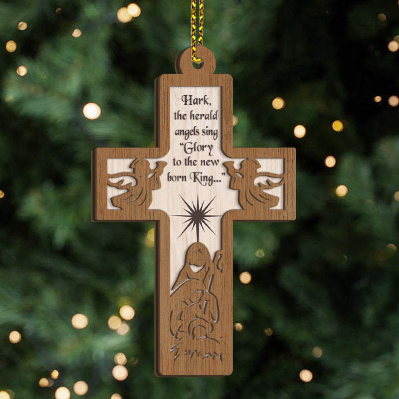 Wooden Cross - Nativity Scene, Bible Verse, Christian Christmas Gift - Personalized 2-Layered Wooden Ornament