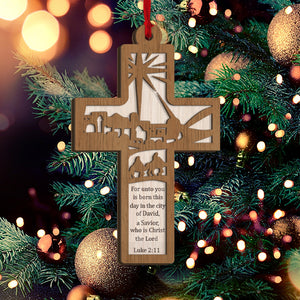 Wooden Cross - Nativity Scene, Bible Verse, Christian Christmas Gift - Personalized 2-Layered Wooden Ornament
