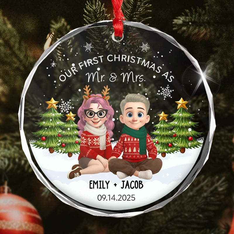 Our First Christmas As Mr And Mrs - First Christmas Married Gift - Personalized Circle Glass Ornament