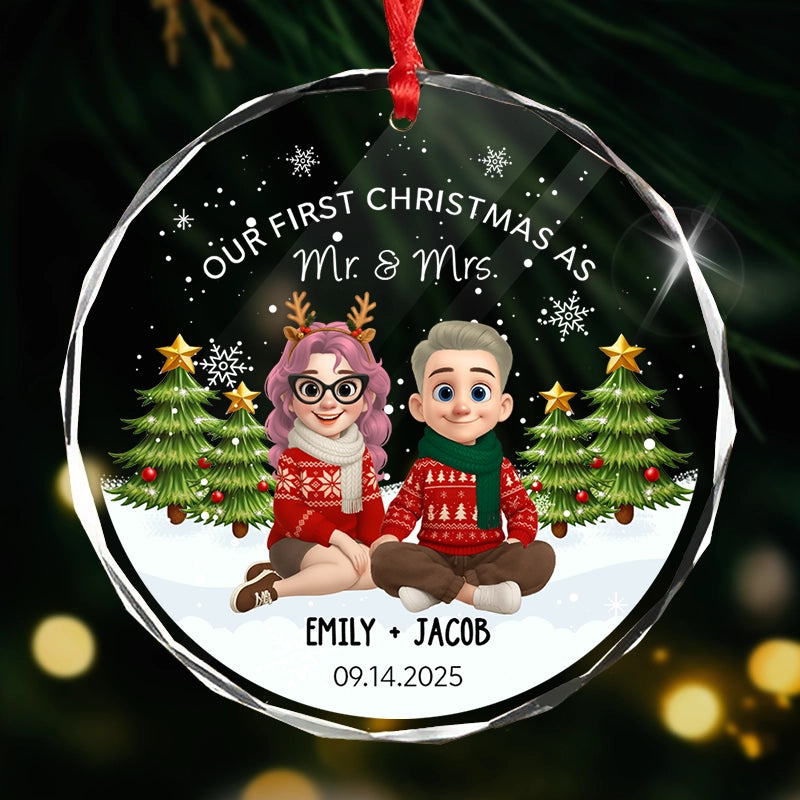 Our First Christmas As Mr And Mrs - First Christmas Married Gift - Personalized Circle Glass Ornament