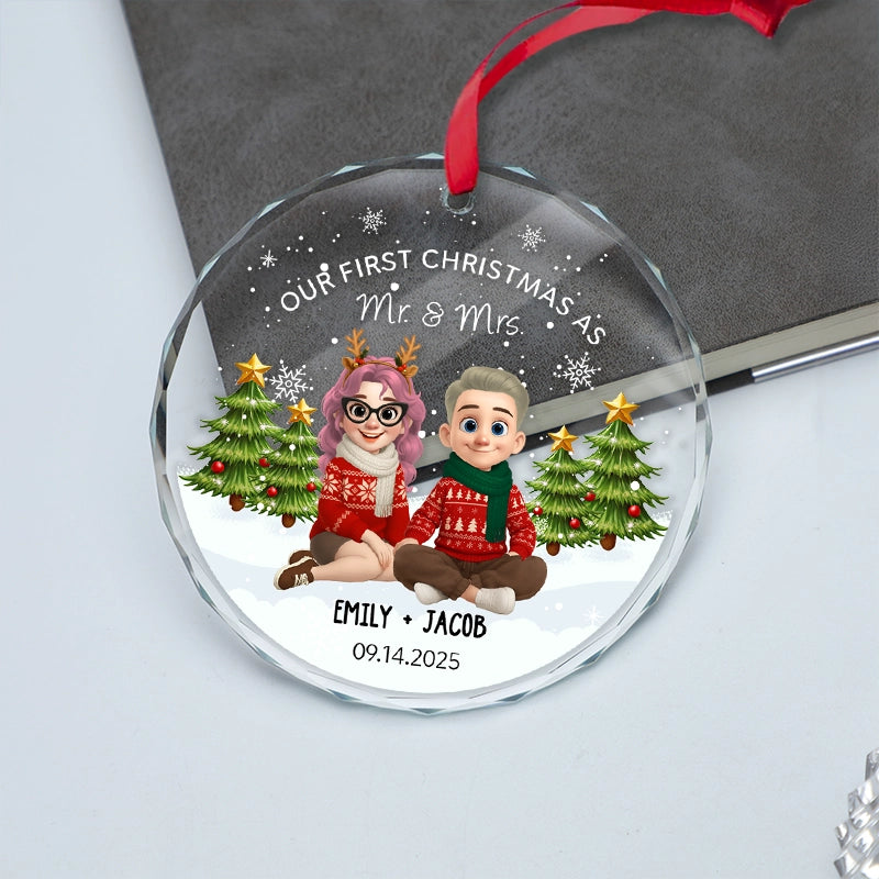 Our First Christmas As Mr And Mrs - First Christmas Married Gift - Personalized Circle Glass Ornament