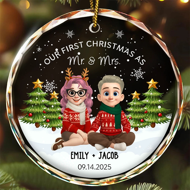 Our First Christmas As Mr And Mrs - First Christmas Married Gift - Personalized Circle Glass Ornament