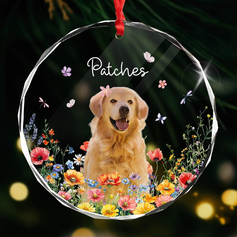 Custom Pet With Flowers - Christmas Gift For Dog, Cat Lovers - Personalized Circle Glass Ornament