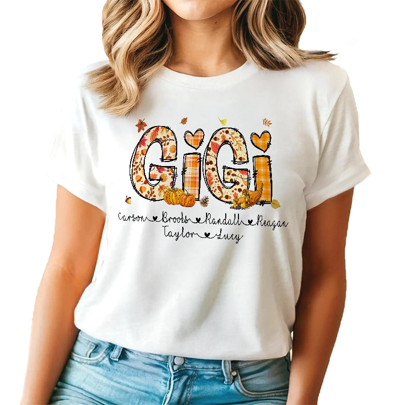 Gigi Fall Pumpkin Plaid - Gift For Grandma, Mom - Personalized T-Shirt