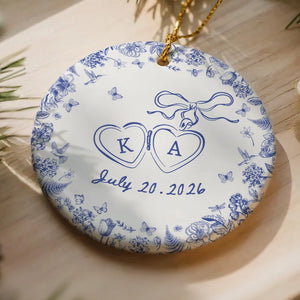 Engagement Gift - Blue Toile De Jouy - Personalized Circle Ceramic Ornament