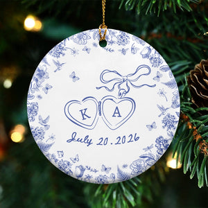 Engagement Gift - Blue Toile De Jouy - Personalized Circle Ceramic Ornament